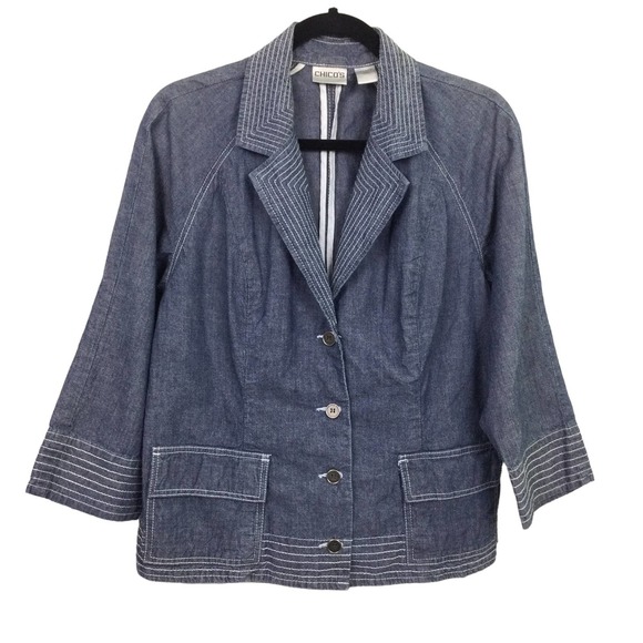 Chico’s Women’s Chambray White Stitch Notch Collar Flap Front Pocket Blazer 2 - Picture 1 of 11
